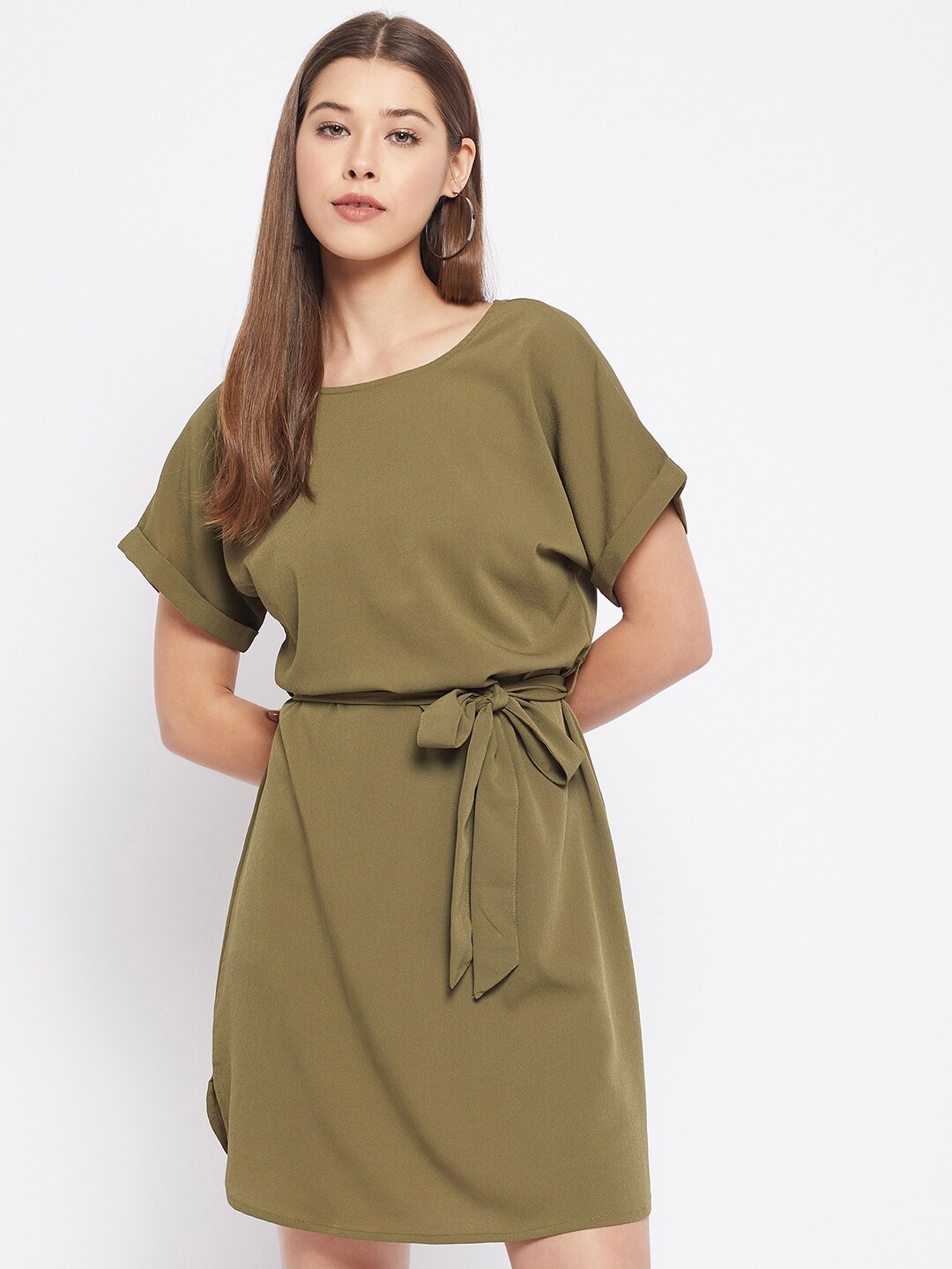 

WineRed Olive Green Solid Extended Sleeves A-Line Dress With Belt