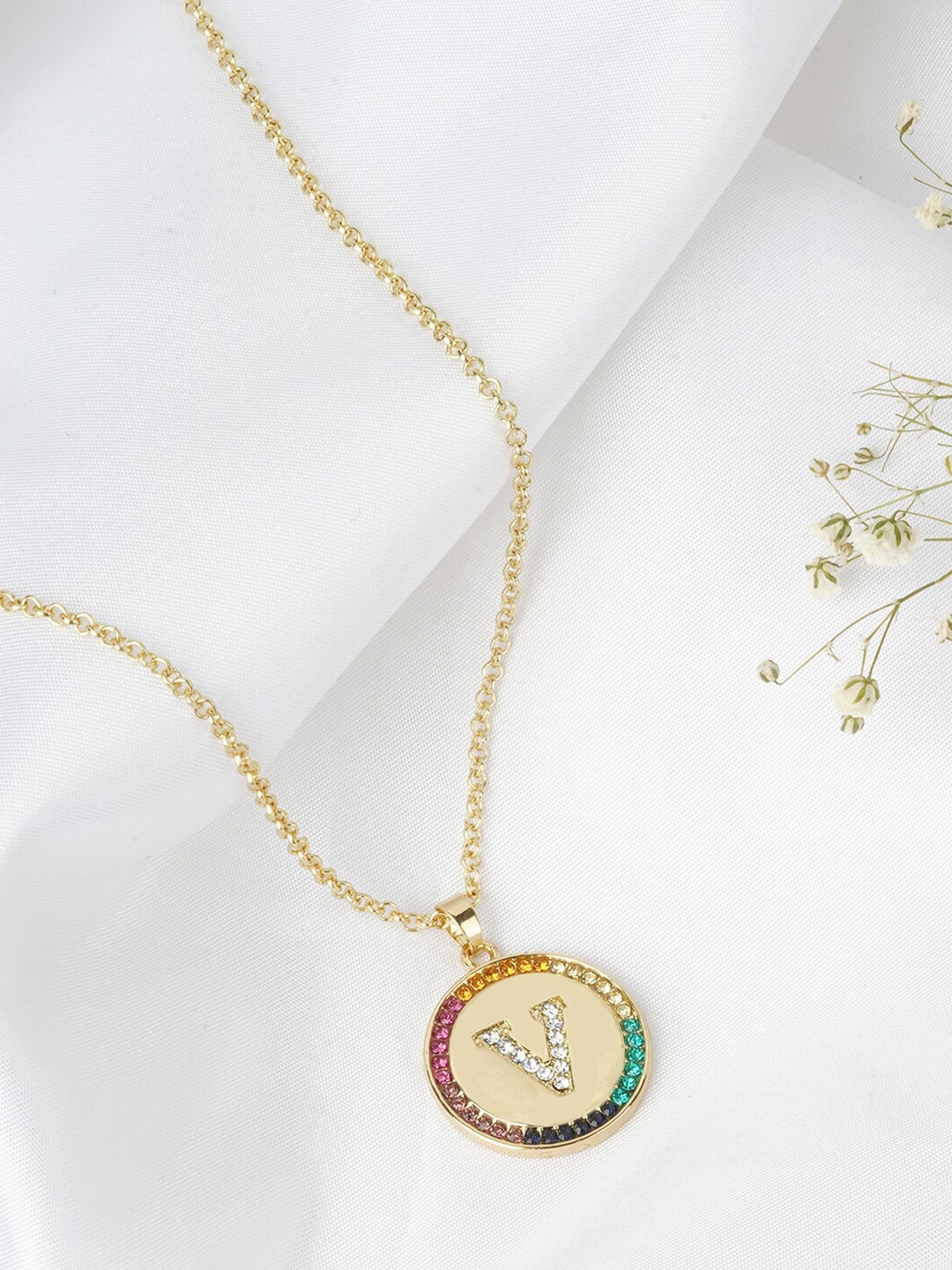 

JOKER & WITCH Gold-Toned Rhinestone Studded Alphabet V Pendant with Chain