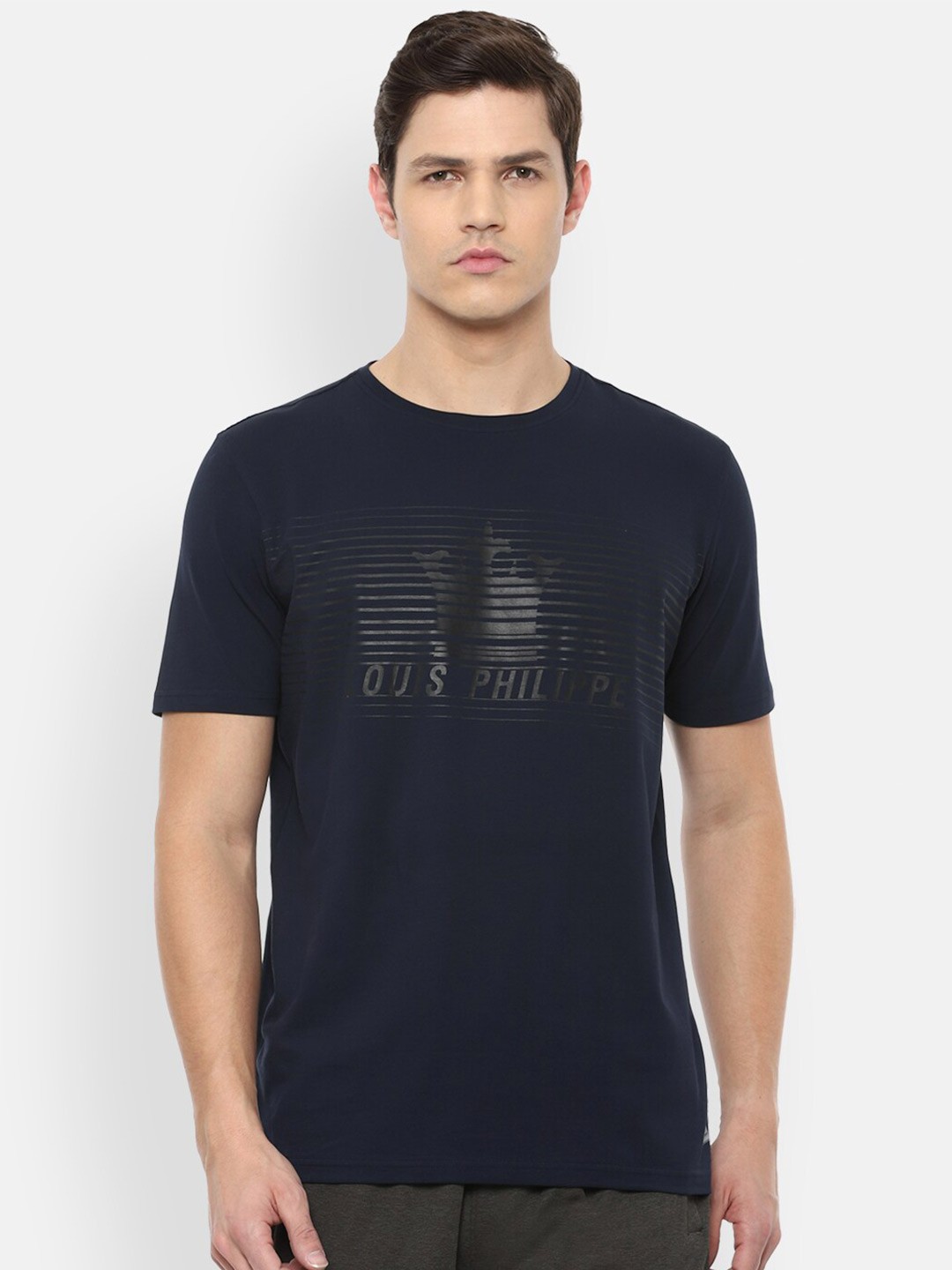 

Louis Philippe ATHPLAY Men Navy Blue Typography Printed Pure Cotton Slim Fit T-shirt