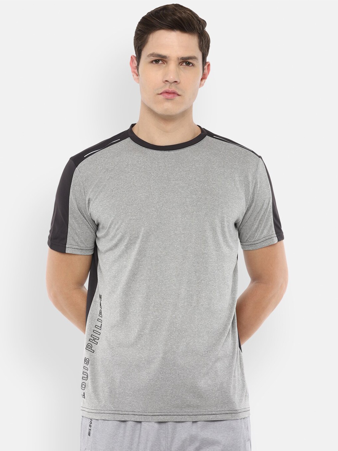 

Louis Philippe ATHPLAY Men Grey & Black Solid Slim Fit Cotton T-shirt