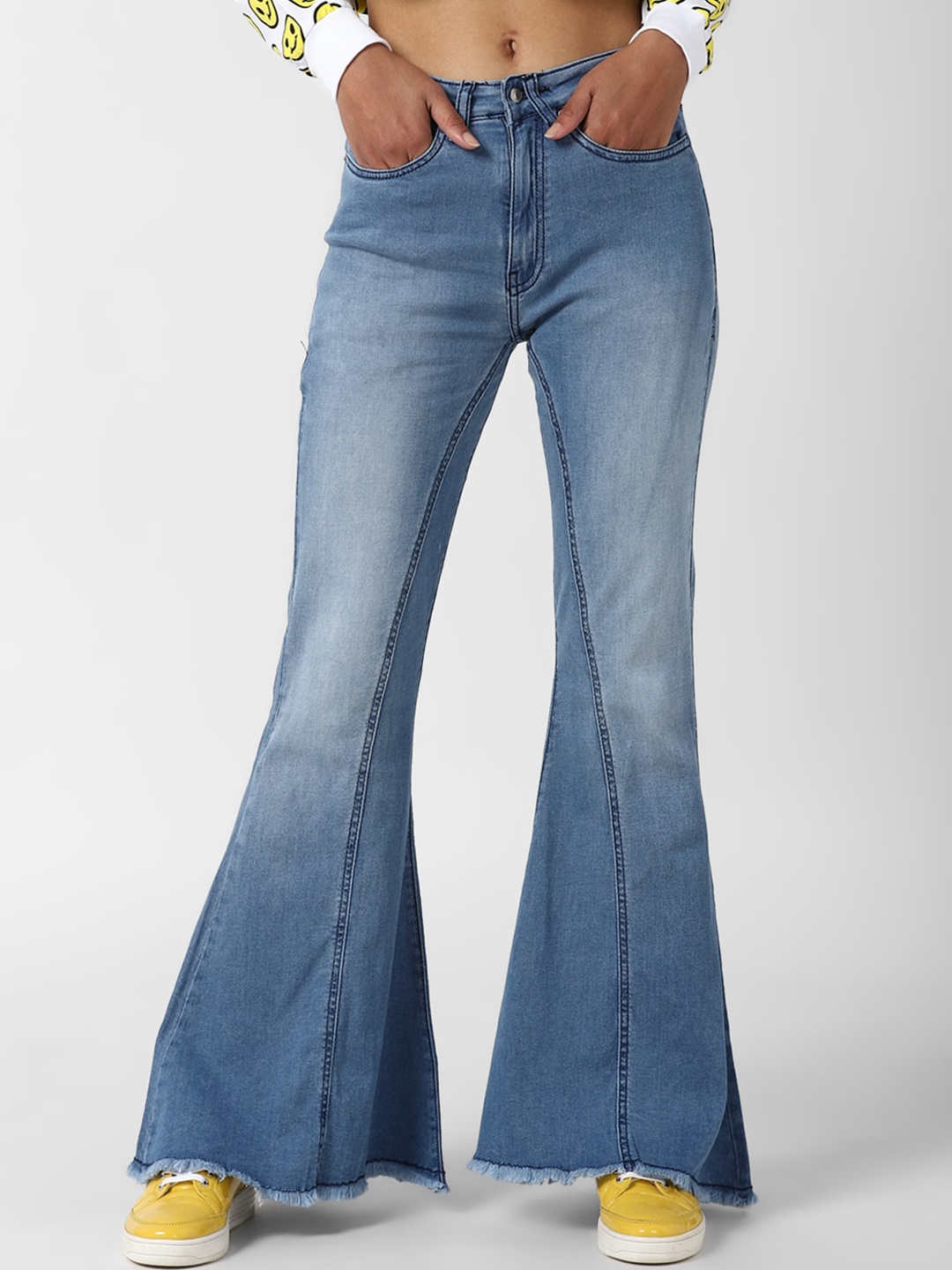 

FOREVER 21 Women Blue Wide Leg Heavy Fade Jeans