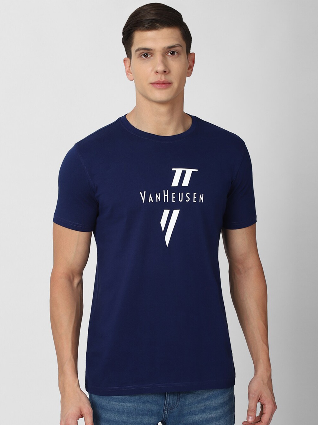 

Van Heusen Sport Men Navy Blue & White Brand Logo Printed Pure Cotton T-shirt
