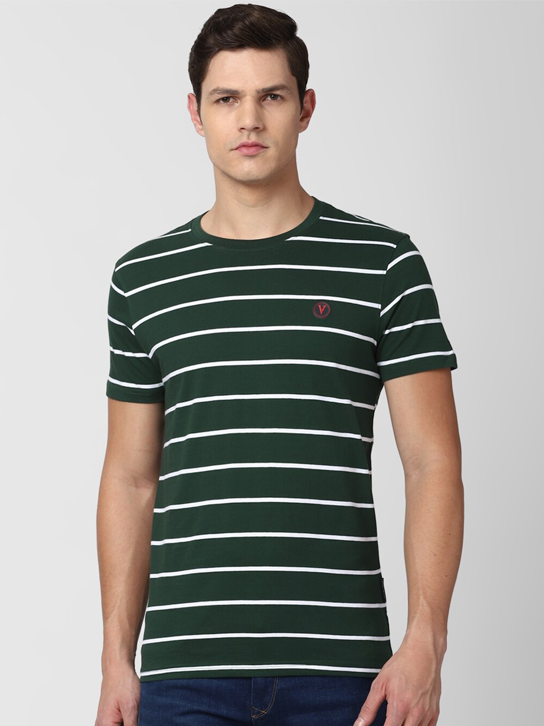 

Van Heusen Sport Men Green Striped Cotton T-shirt