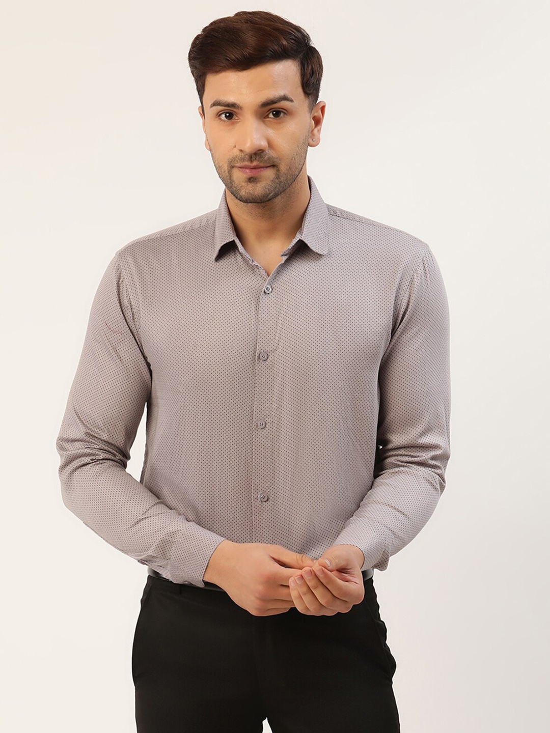

JAINISH Men Grey & Black Smart Slim Fit Printed Pure Cotton Formal Shirt