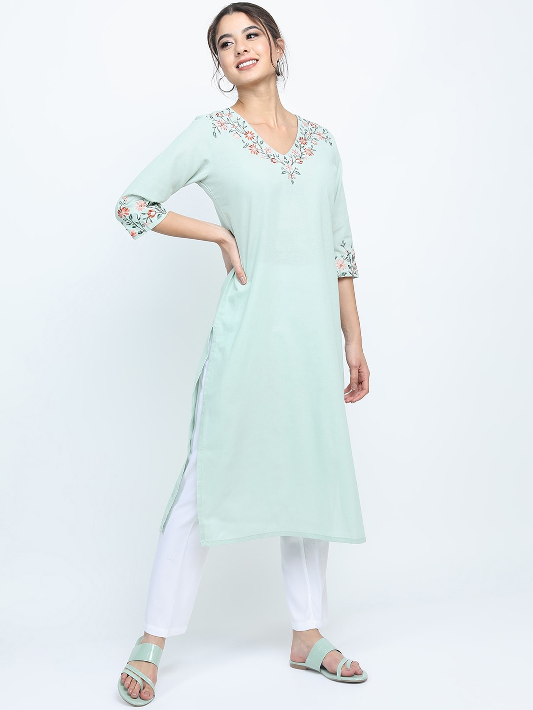 

Vishudh Women Green Ethnic Motifs Embroidered Thread Work Cotton Kurta