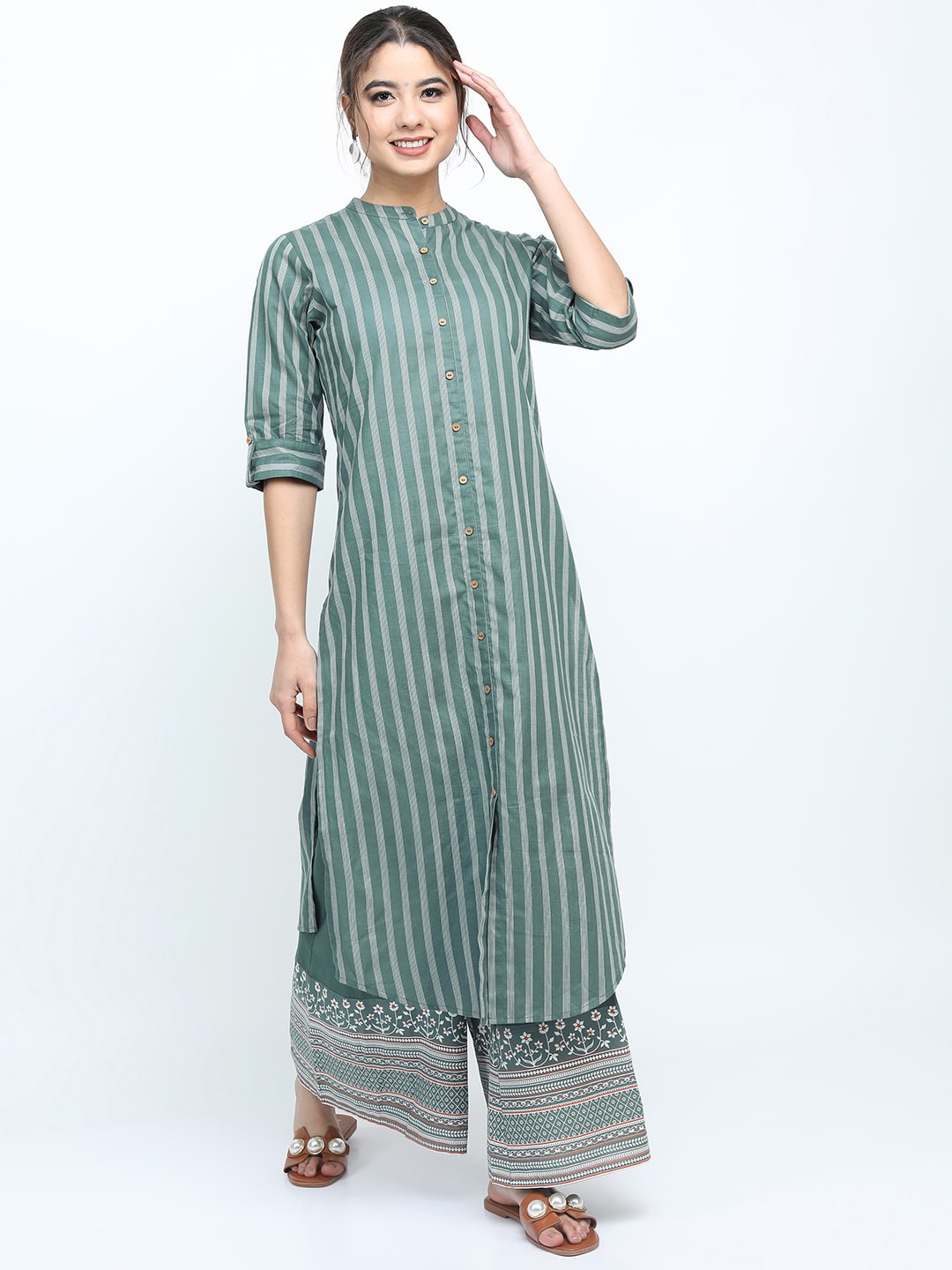 

Vishudh Women Olive Green Striped High Slit Pure Cotton Kurta with Palazzo