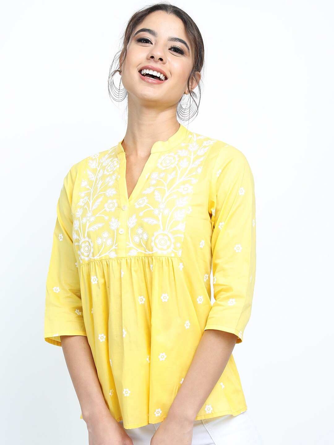 

Vishudh Women Yellow & White Floral Print Mandarin Collar Cotton Top