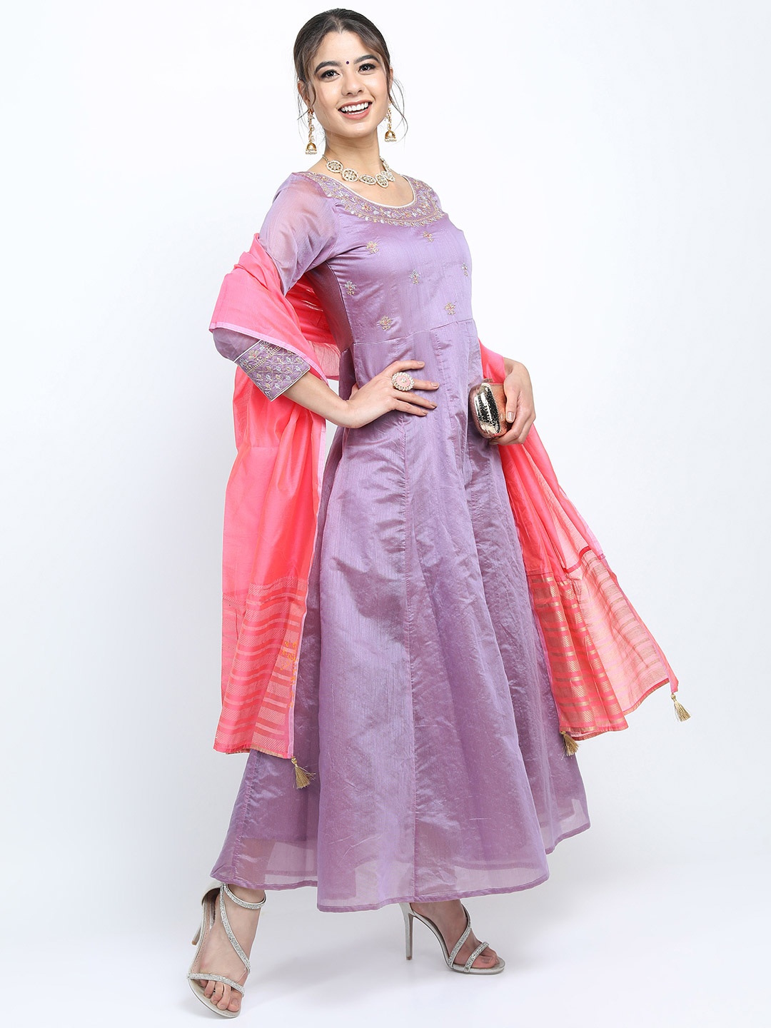 

Vishudh Mauve & Gold-Toned Embroidered Ethnic Maxi Dress