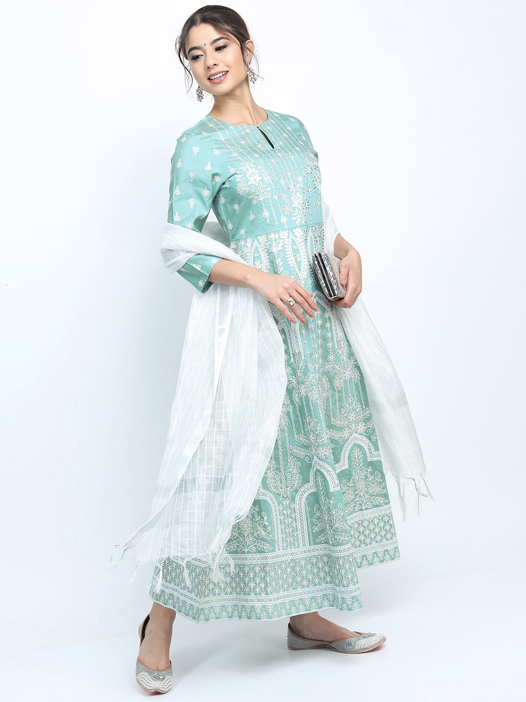 

Vishudh Sea Green & White Ethnic Motifs Keyhole Neck A-line Dress