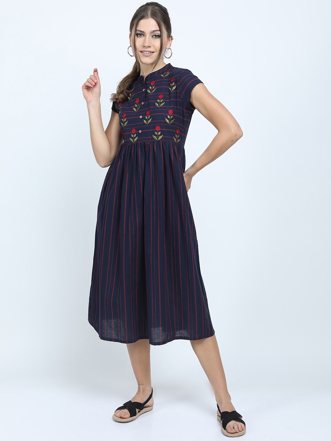 

Vishudh Navy Blue Floral Ethnic Midi Dress