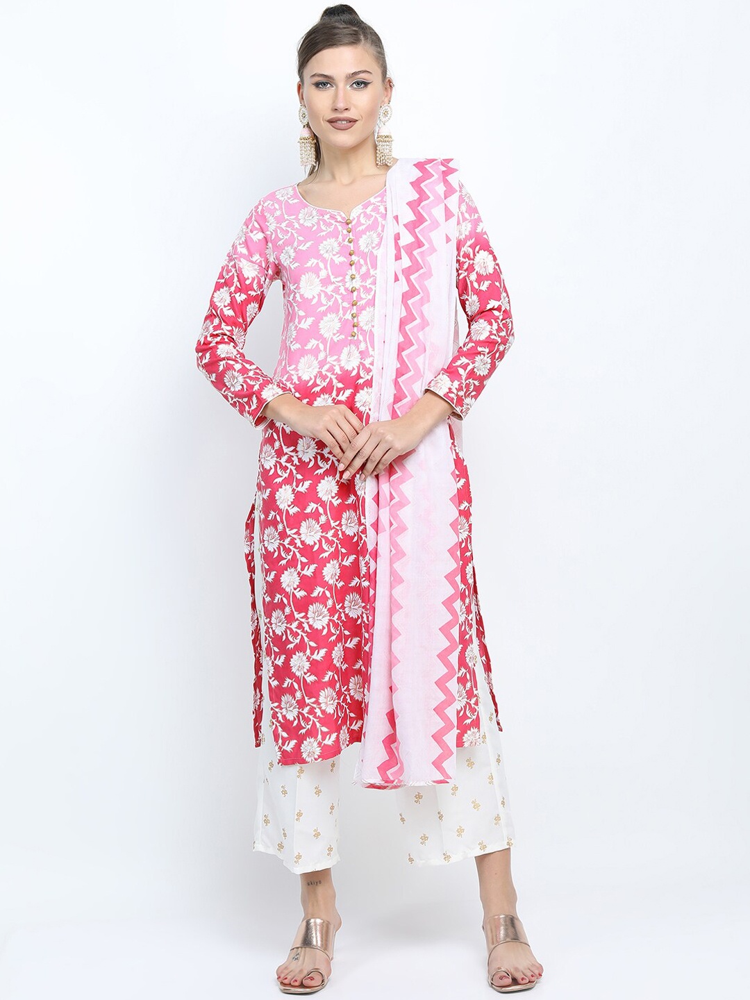 

Vishudh Women Pink & White Floral Printed Kurta Palazzos & Dupatta