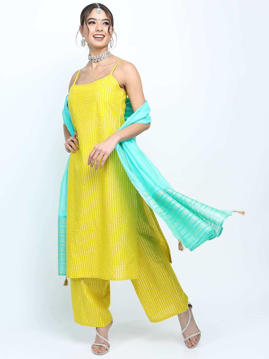 

Vishudh Womens Yellow Straight Kurta with Palazzo and Dupatta