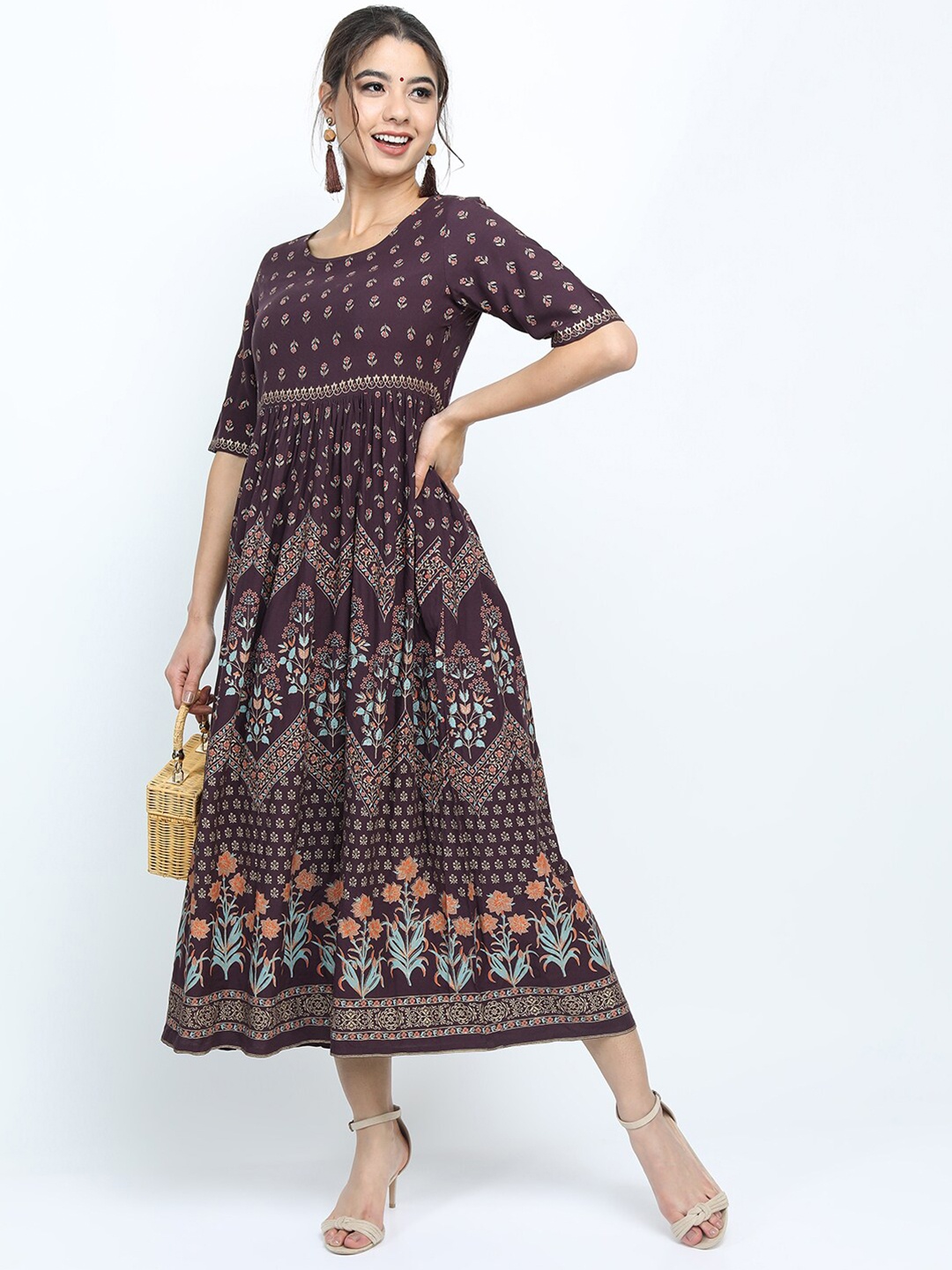 

Vishudh Women Maroon Floral A-Line Midi Dress