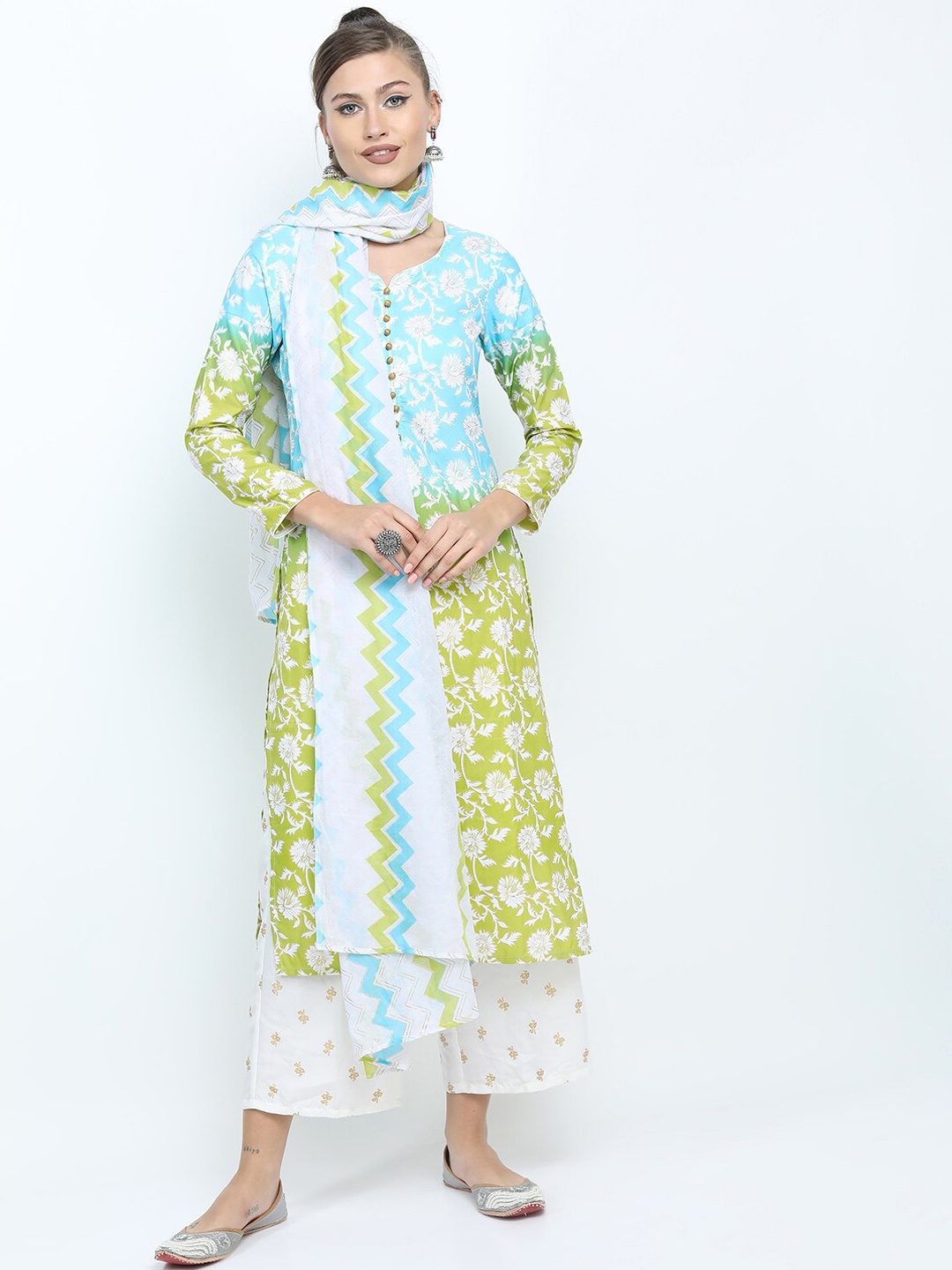 

Vishudh Women Blue Floral Printed Kurta with Palazzos & With Dupatta