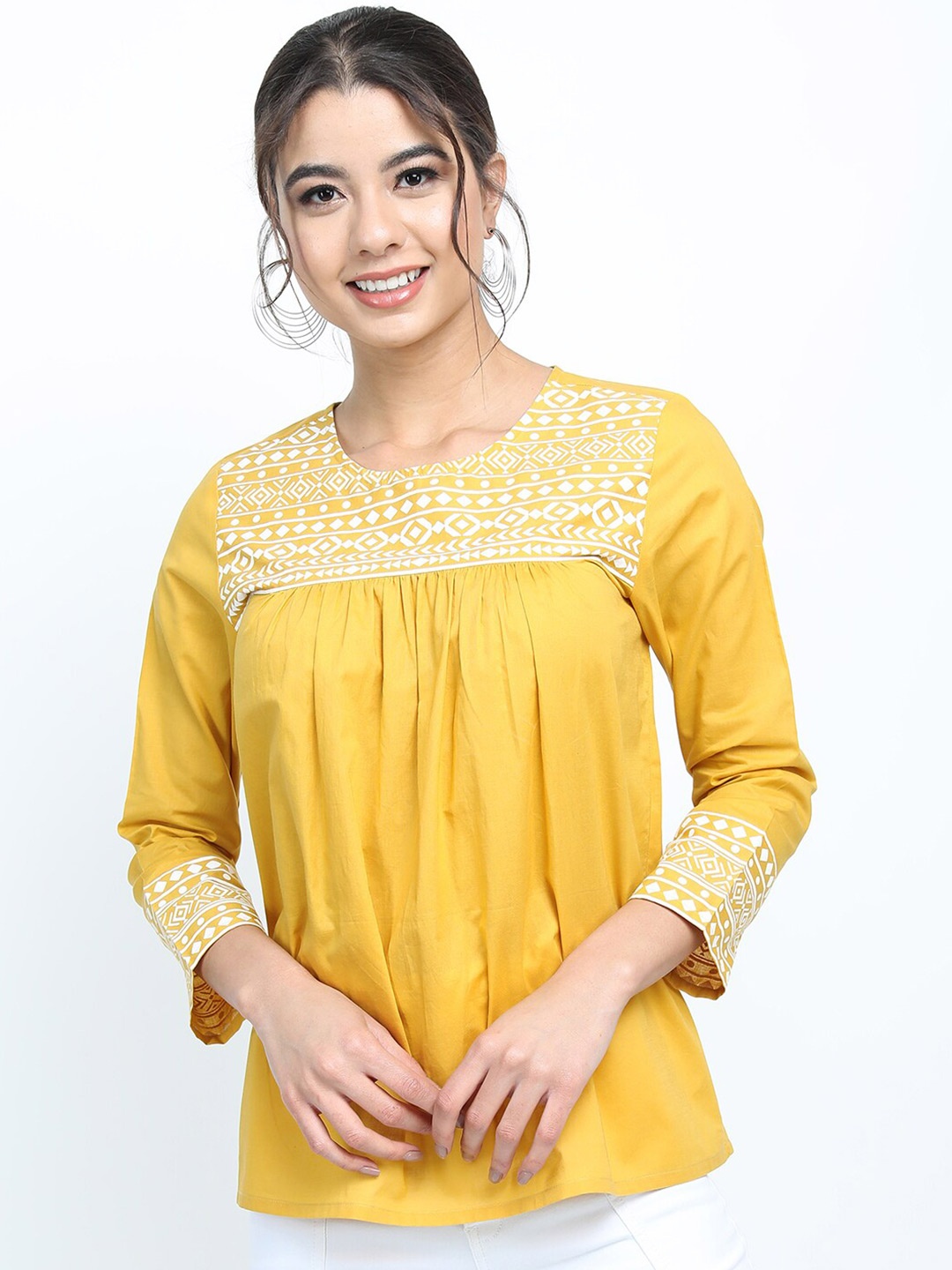 

Vishudh Yellow & White Floral Embroidered Top