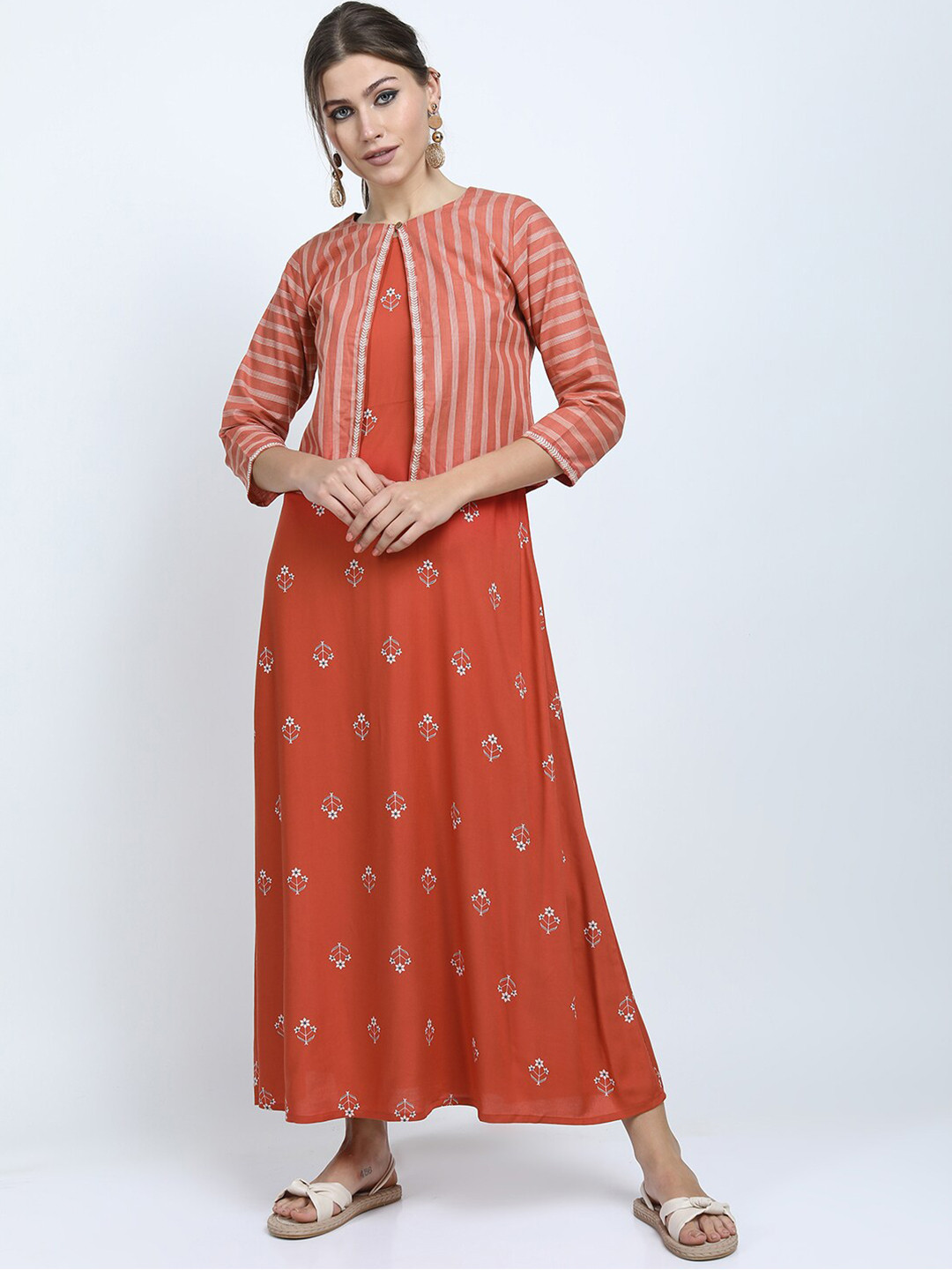 

Vishudh Women Rust Geometric Maxi Dress with Jacket