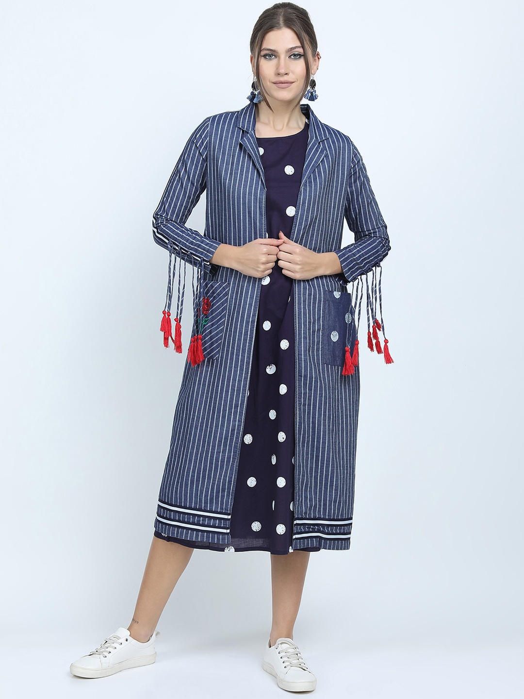 

Vishudh Blue A-Line Midi Dress with Striped Jacket