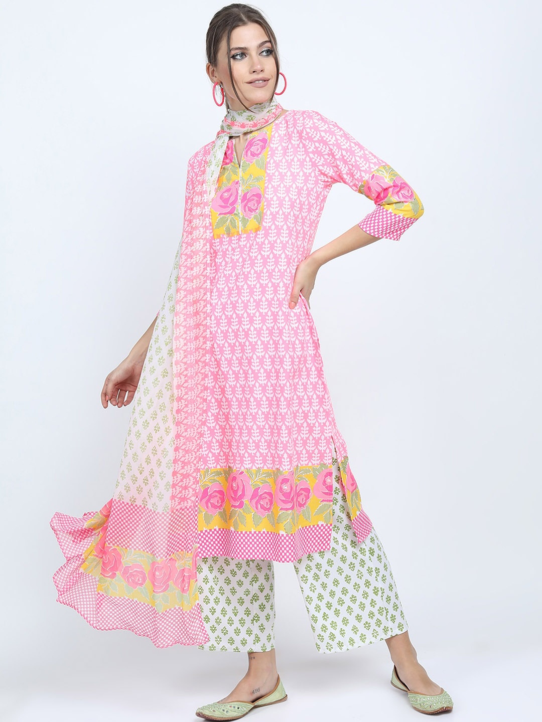 

Vishudh Women Pink Floral Yoke Design Cotton Blend Kurta Palazzo With Dupatta