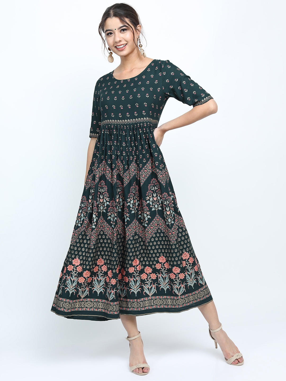 

Vishudh Women Green Ethnic Motifs Ethnic A-Line Midi Dress