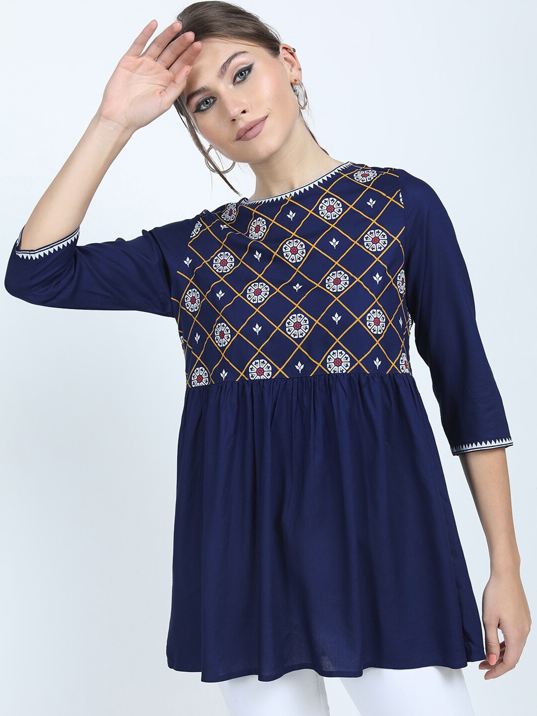 

Vishudh Blue & White Floral Print Empire Top