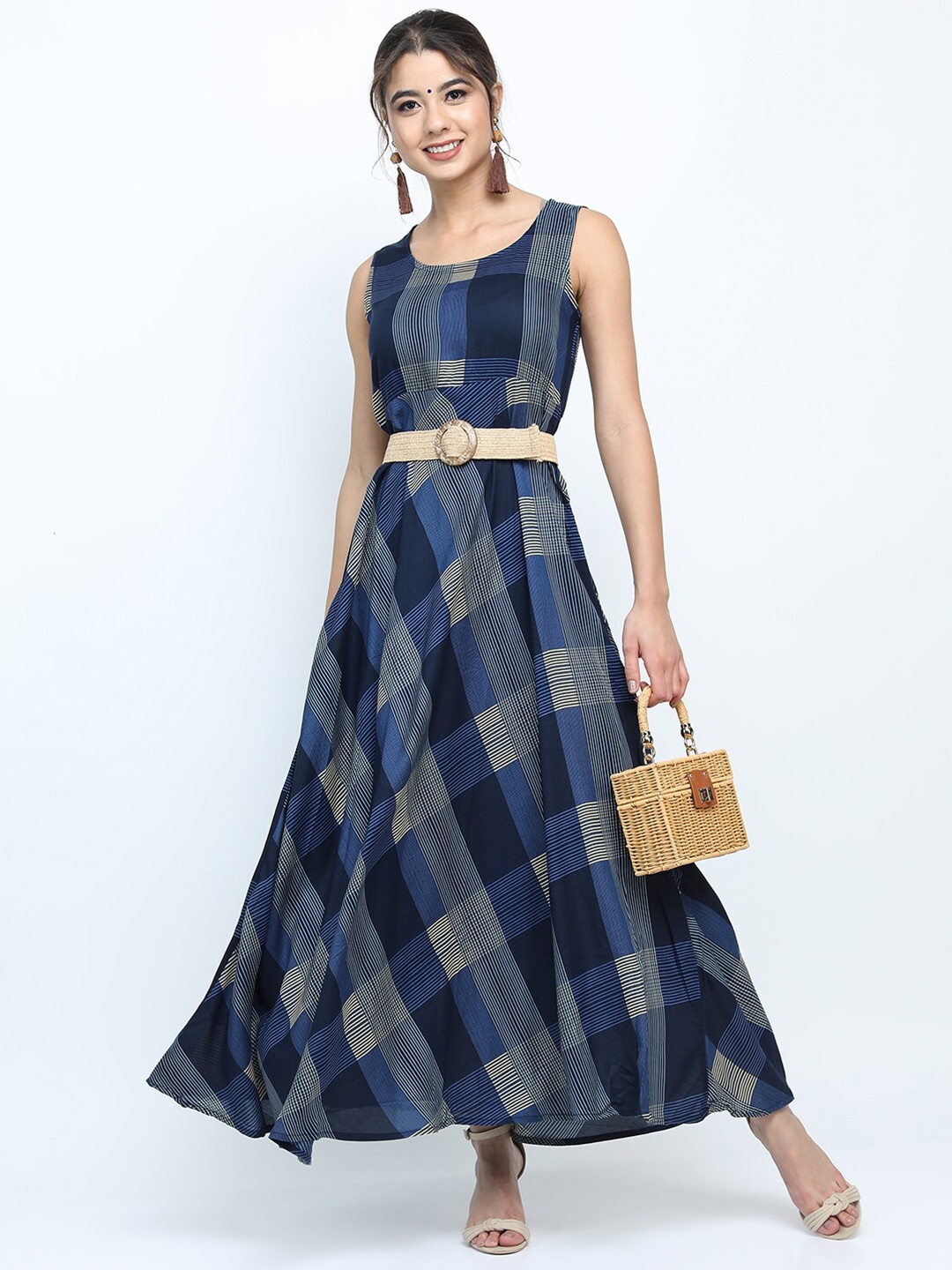 

Vishudh Navy Blue Checked Maxi Fit & Flare Dress