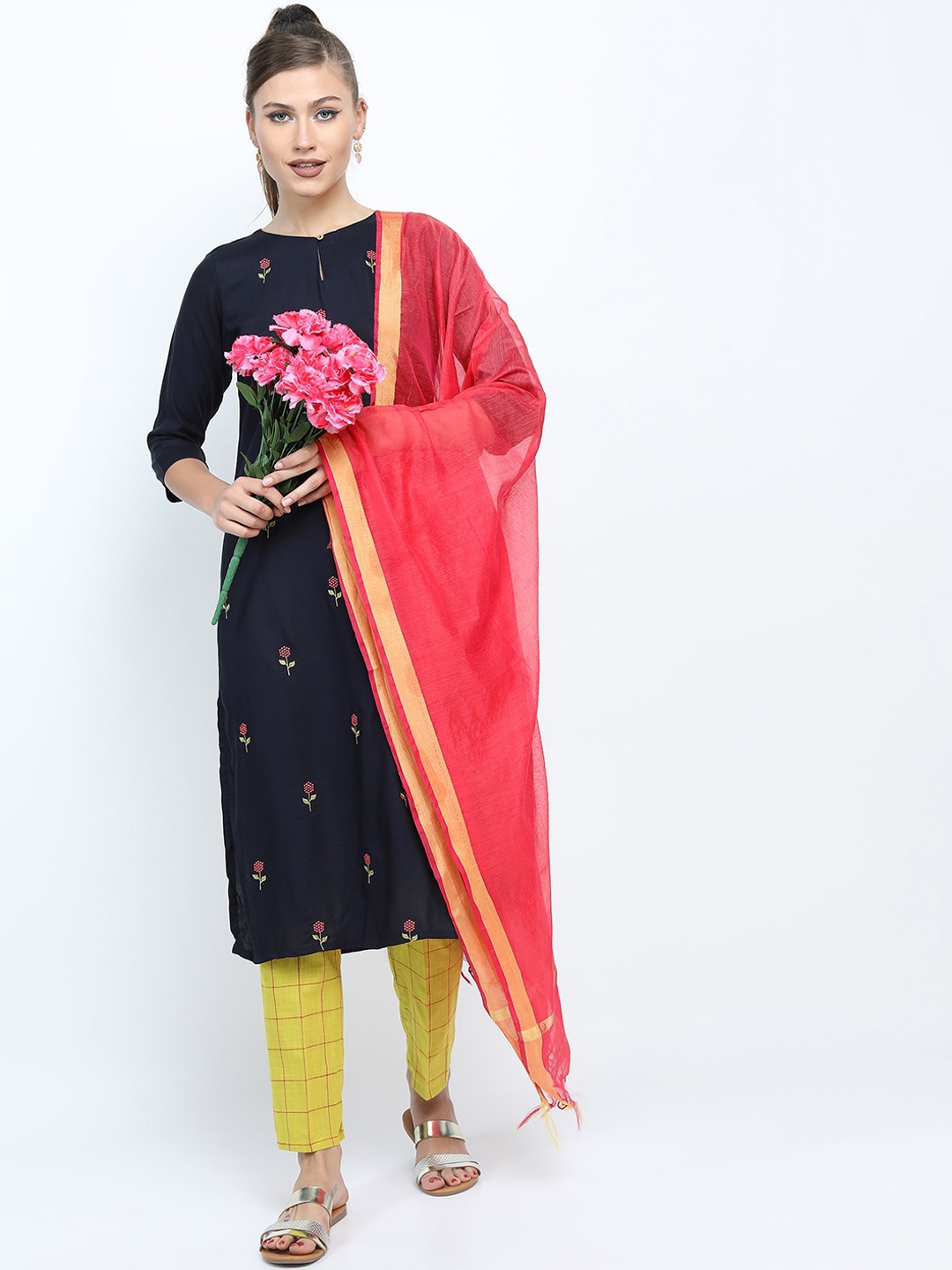 

Vishudh Women Navy Blue Floral Embroidered Kurta with Trousers & With Dupatta