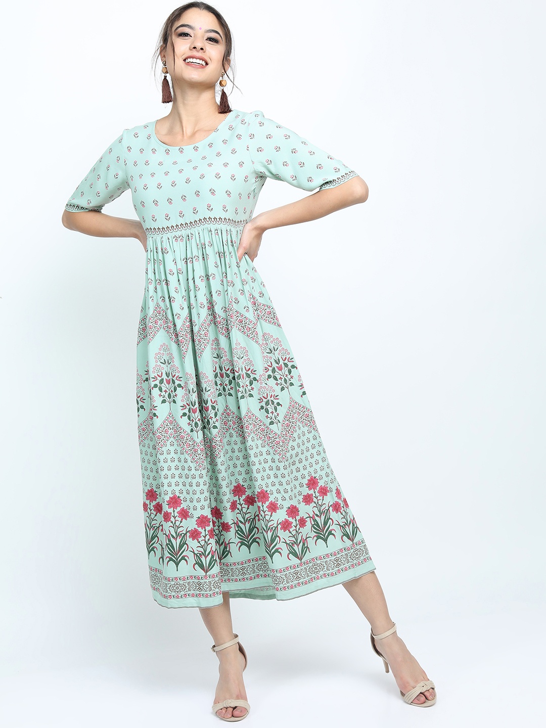 

Vishudh Women Blue Floral Ethnic Midi Fit & Flare Dress