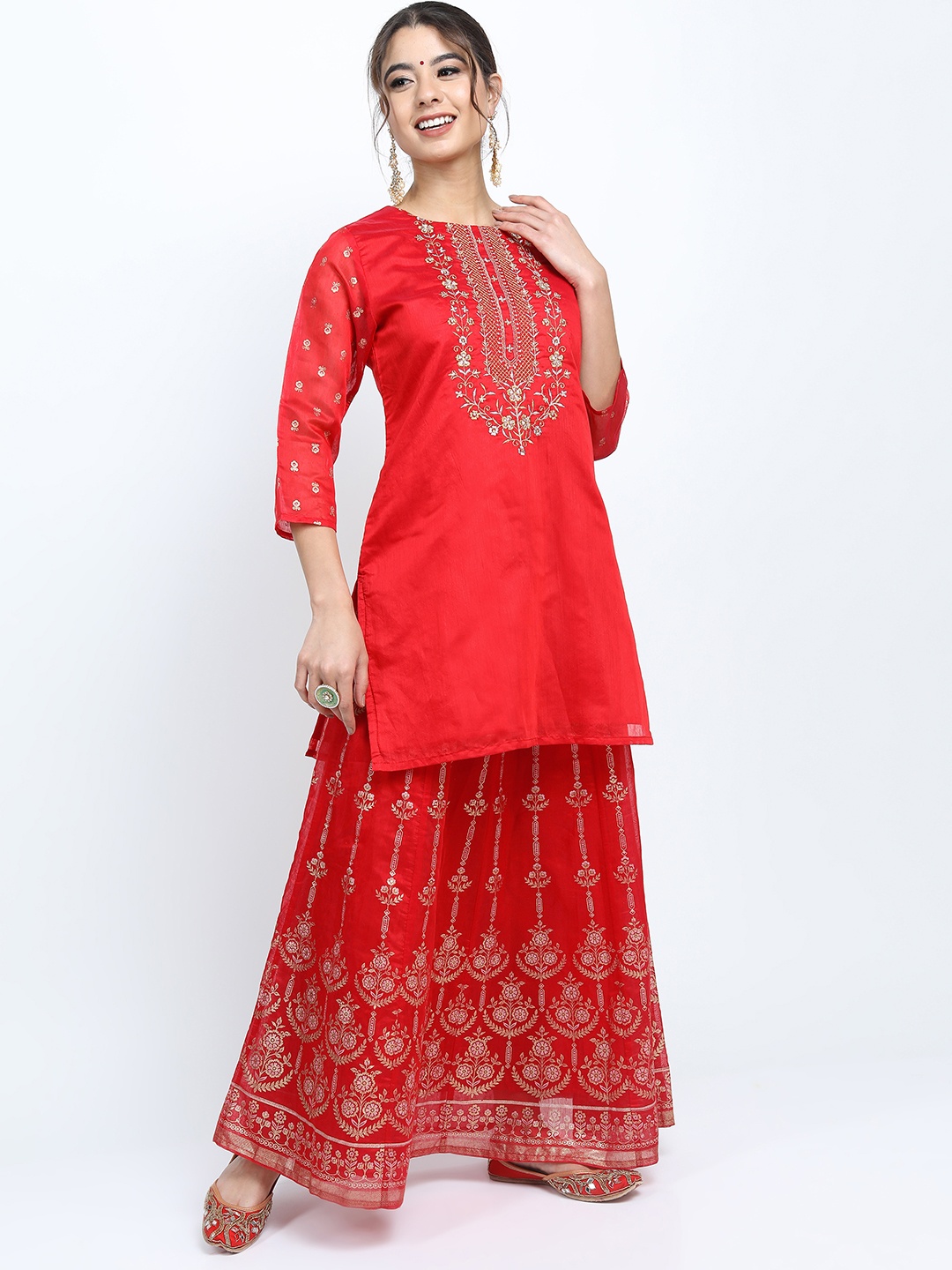 

Vishudh Women Ethnic Motifs Embroidered Kurti with Skirt & Dupatta, Red