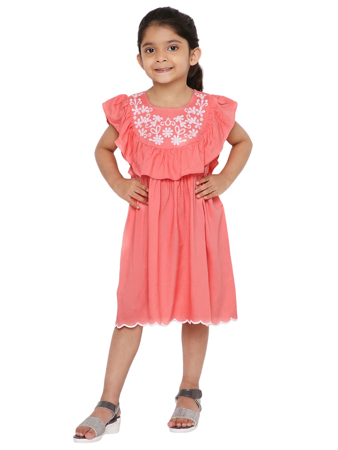

Knitting Doodles Girls Peach-Coloured Embroidered Dress With Ruffles