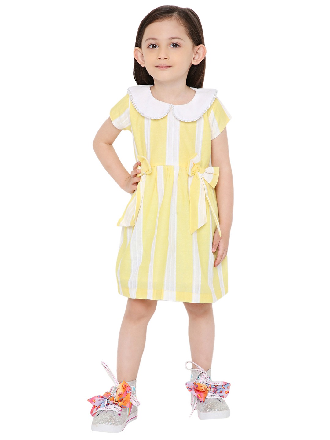 

Knitting Doodles Girls Yellow & White Striped Peter Pan Collar Dress