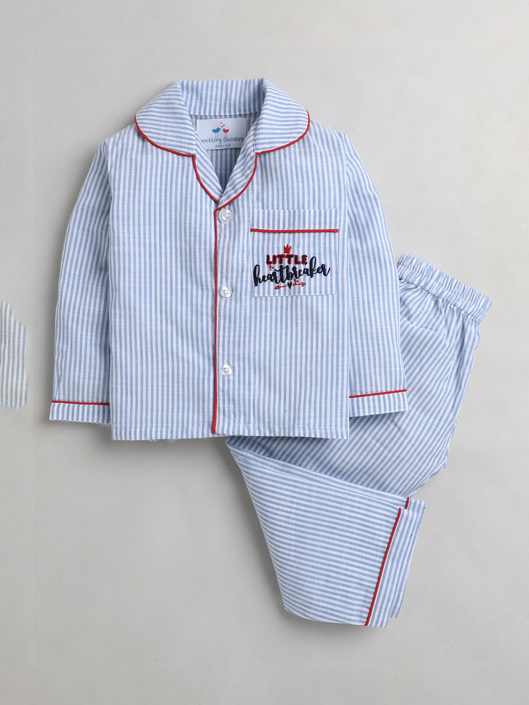 

Knitting Doodles Unisex Kids Blue Striped Night suit