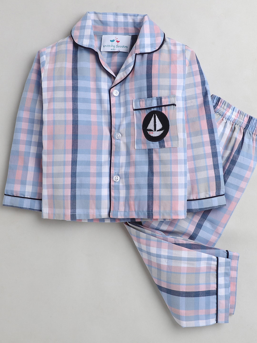 

Knitting Doodles Unisex Kids Blue & White Checked Night suit