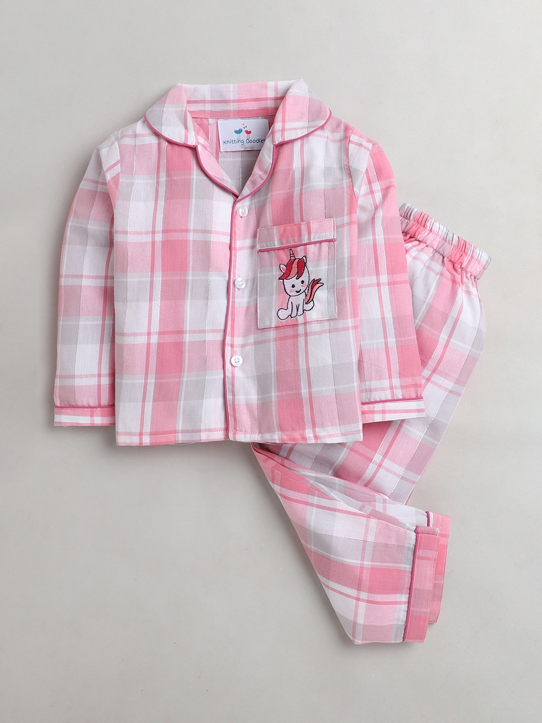 

Knitting Doodles Unisex Kids Pink & White Checked Night suit