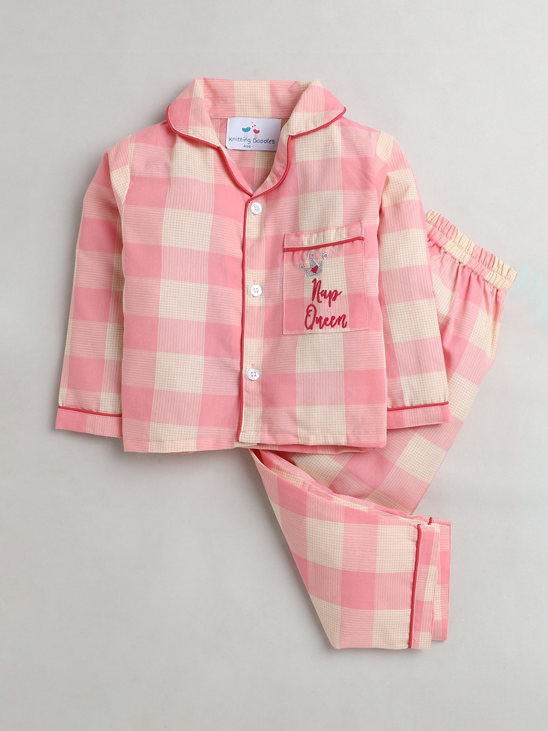 

Knitting Doodles Unisex Kids Pink Checked Night suit
