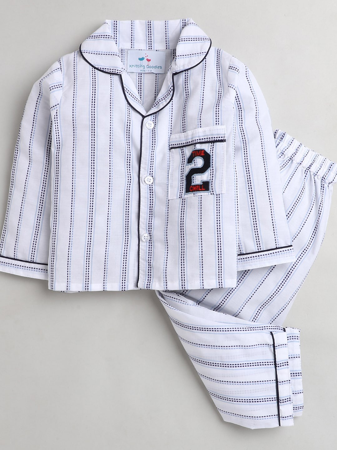 

Knitting Doodles Unisex Kids White & Navy Blue Striped Night suit