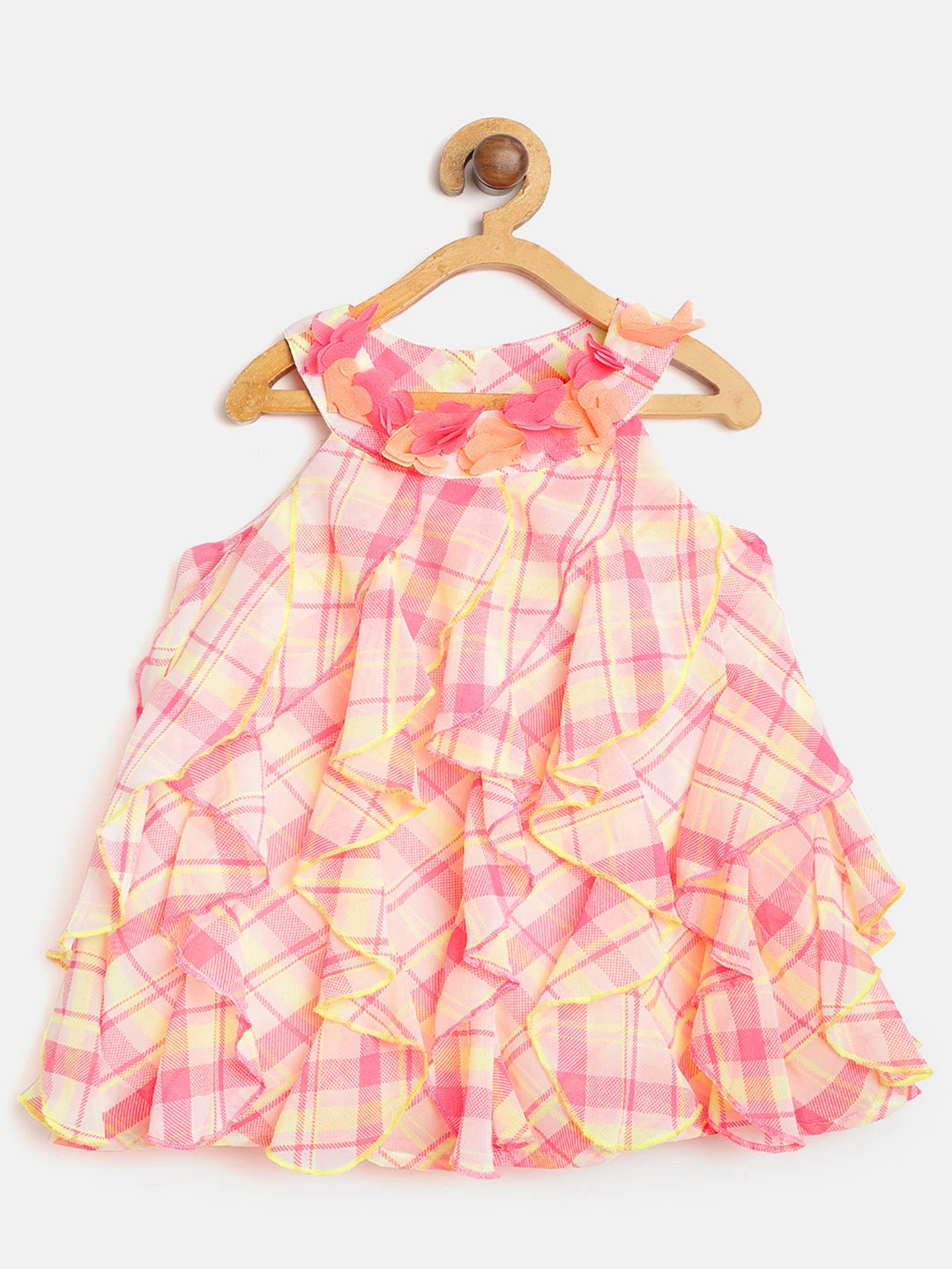 

Nauti Nati Girls Pink & Yellow Checked Halter Neck A-Line Dress