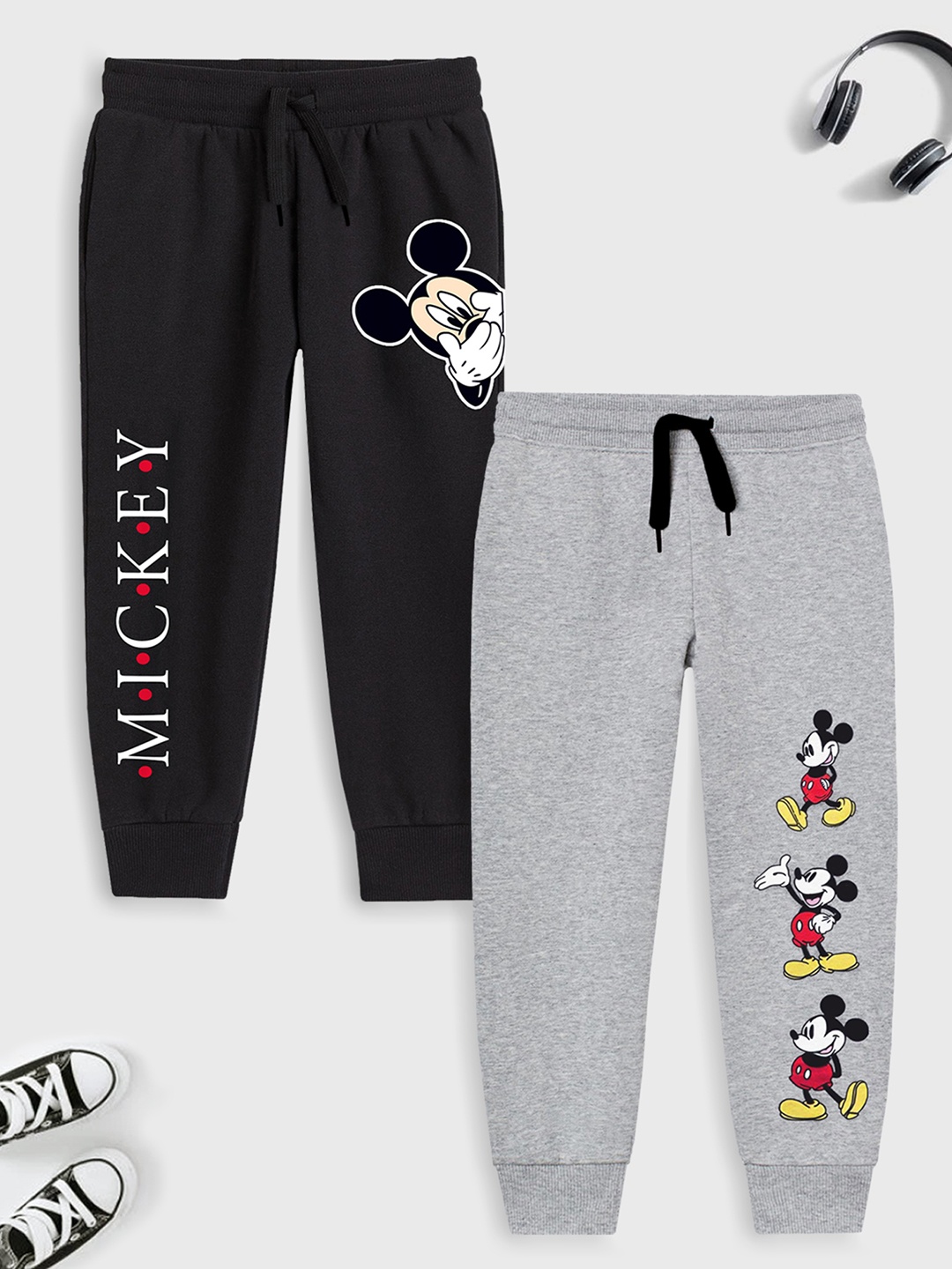 

YK Disney Boys Pack Of 2 Black & Grey Regular Fit Printed Cotton Joggers