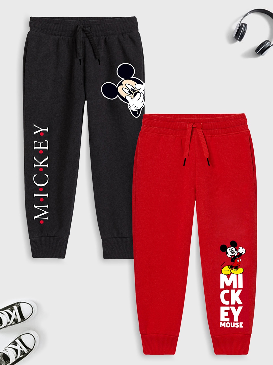 

YK Disney Boys Pack Of 2 Black & Red Mickey Mouse Printed Cotton Joggers