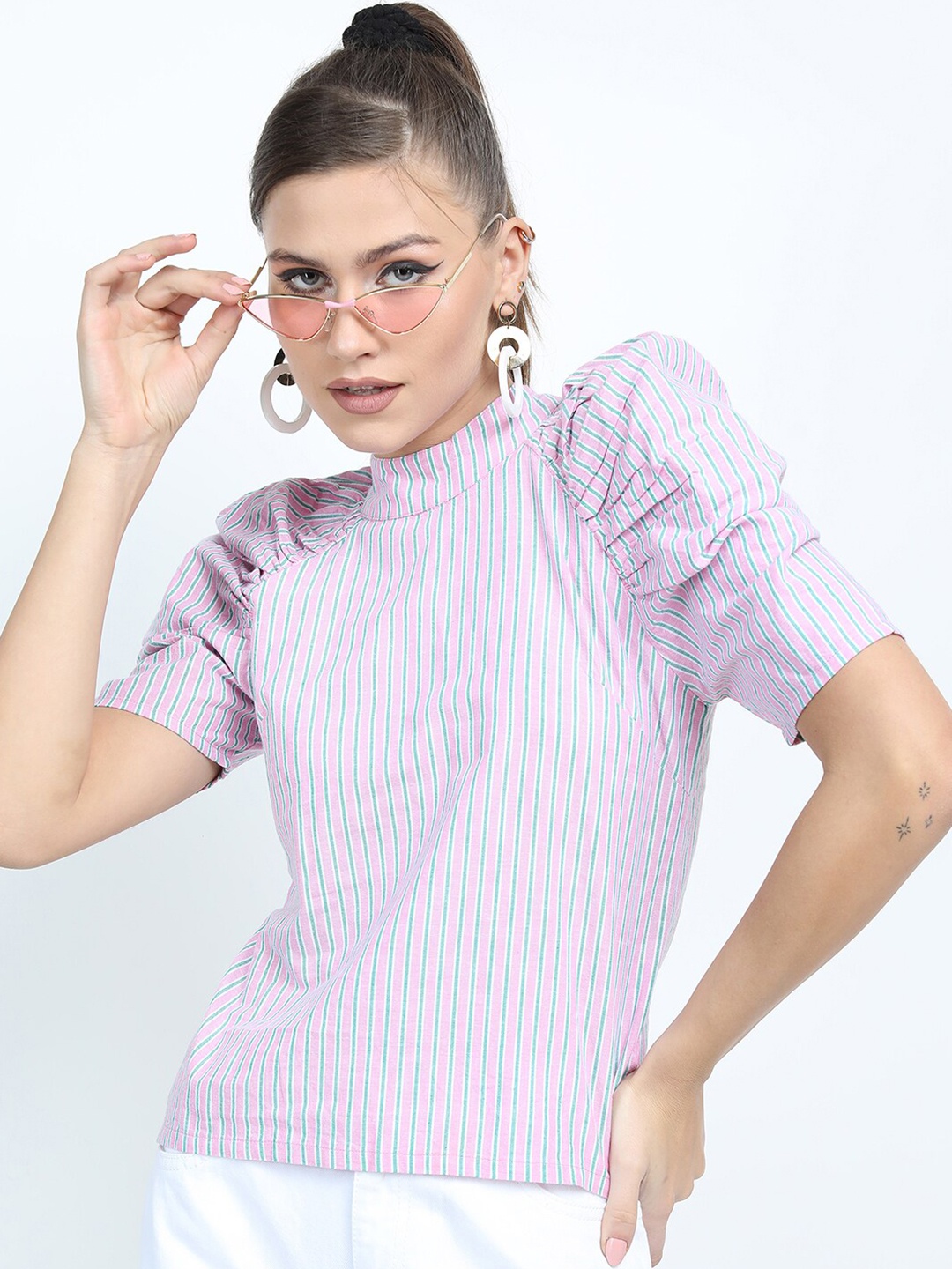 

Tokyo Talkies Women Pink & Green Striped Cotton Top