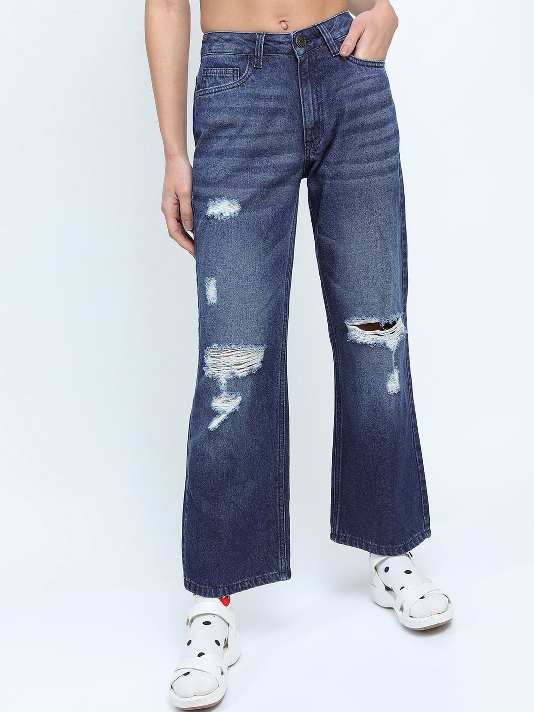 

Tokyo Talkies Women Blue Straight Fit Highly Distressed Heavy Fade Cotton Jeans