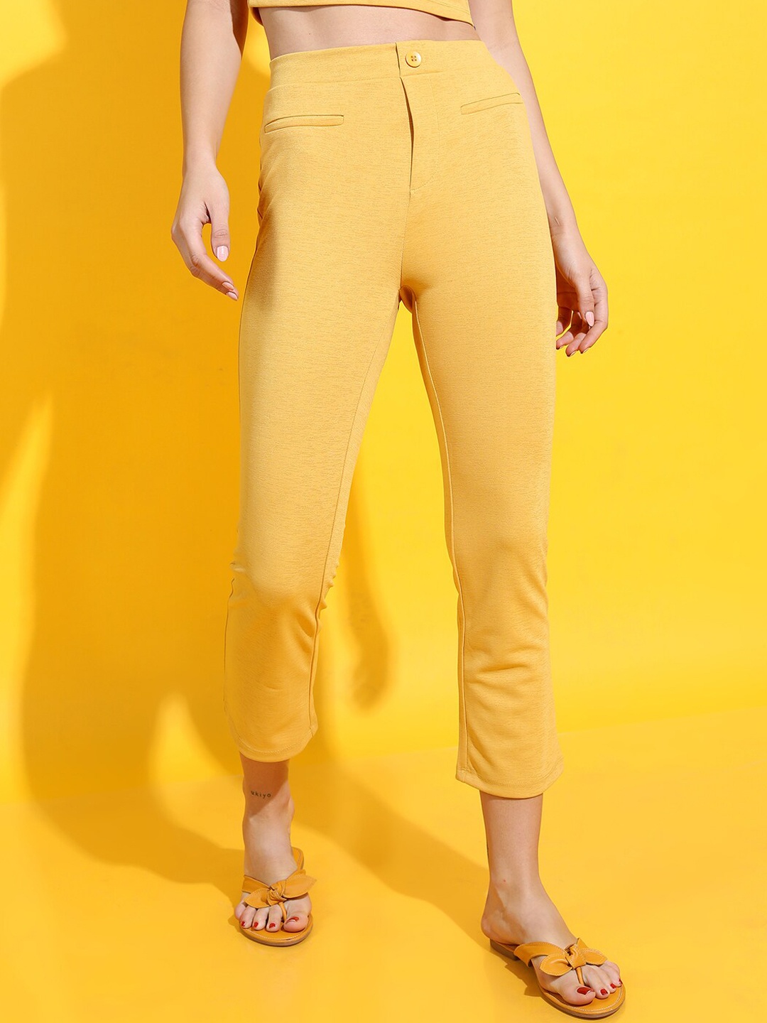 

Tokyo Talkies Women Mustard Yellow Slim Fit Trousers