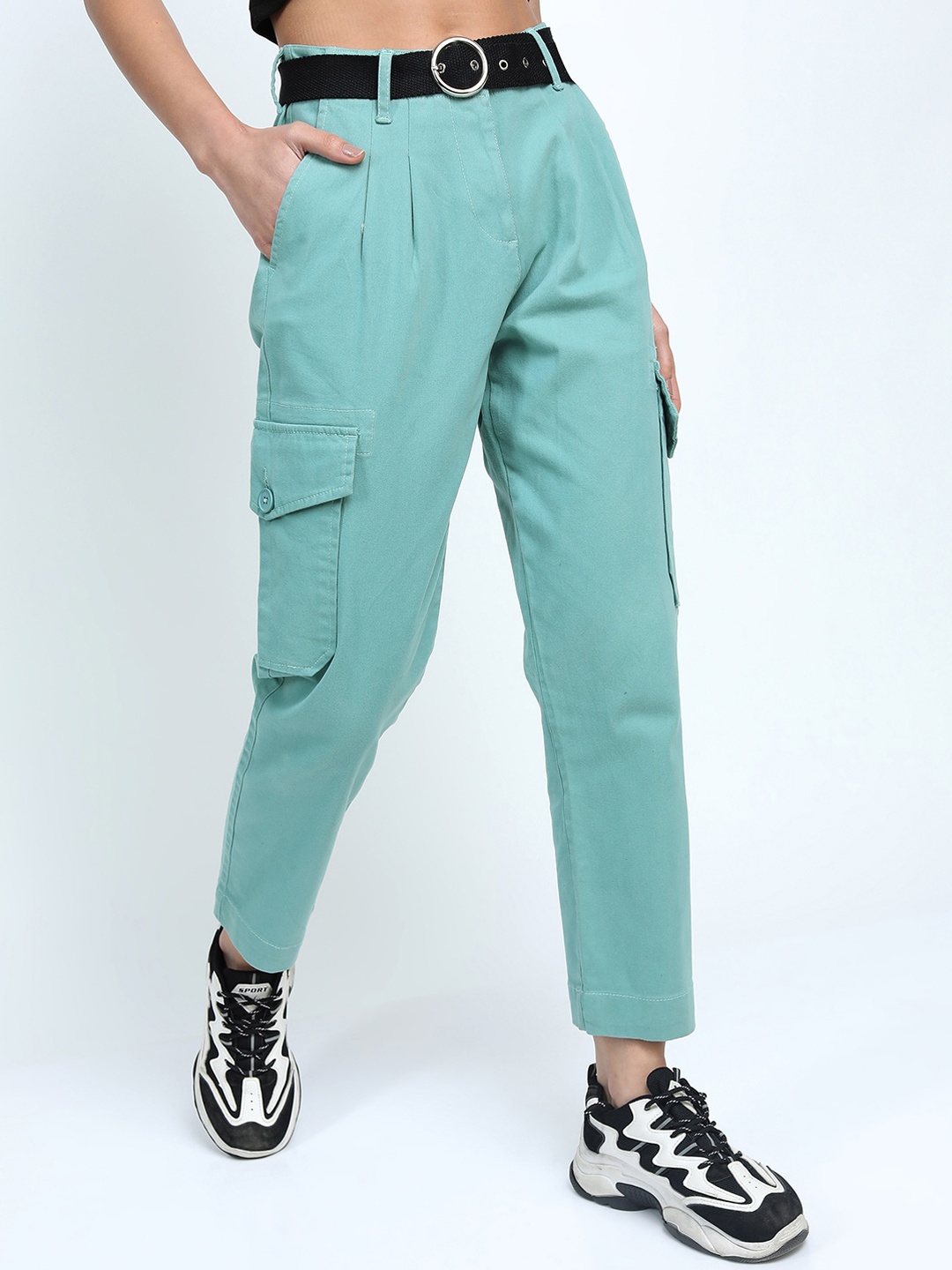 

Tokyo Talkies Women Blue Tapered Fit Cargos Trousers