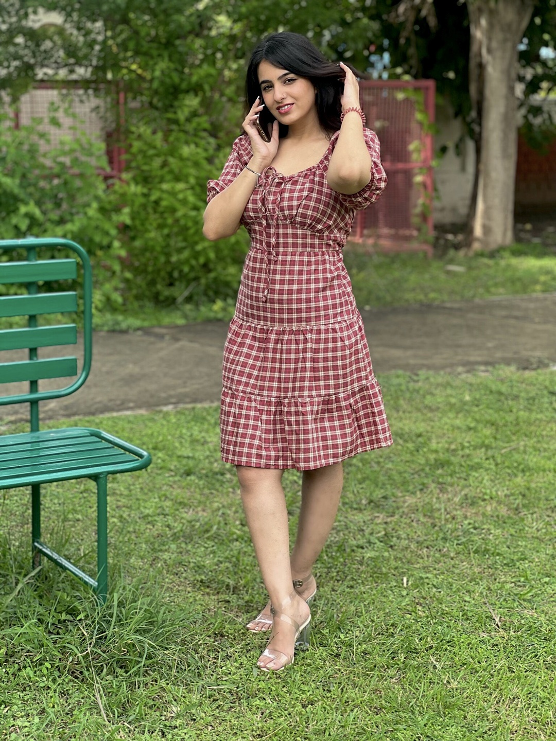 

Tokyo Talkies Brown & White Checked Cotton Dress