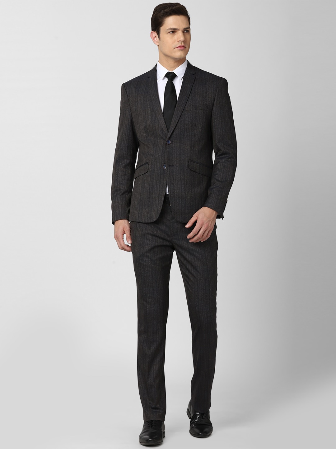 

V Dot Men Charcoal Grey Striped Single-Breasted Slim-Fit 2-Piece Suit