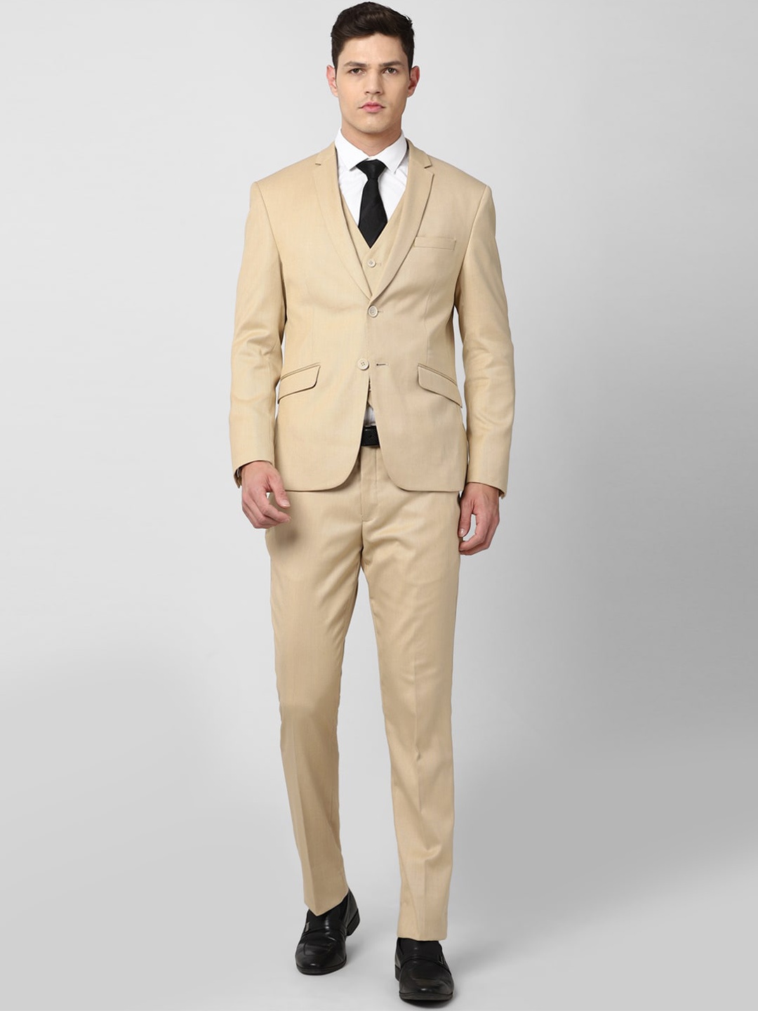 

V Dot Men Khaki-Colored Solid Slim Fit Single-Breasted Three-Piece Formal Suit