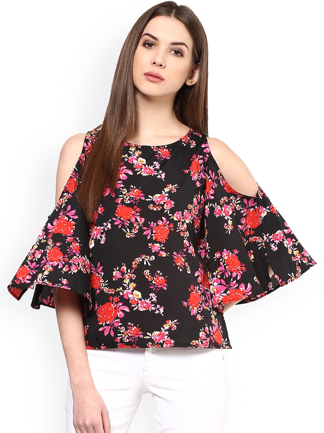 

Harpa Black Floral Print Cold Shoulder Top