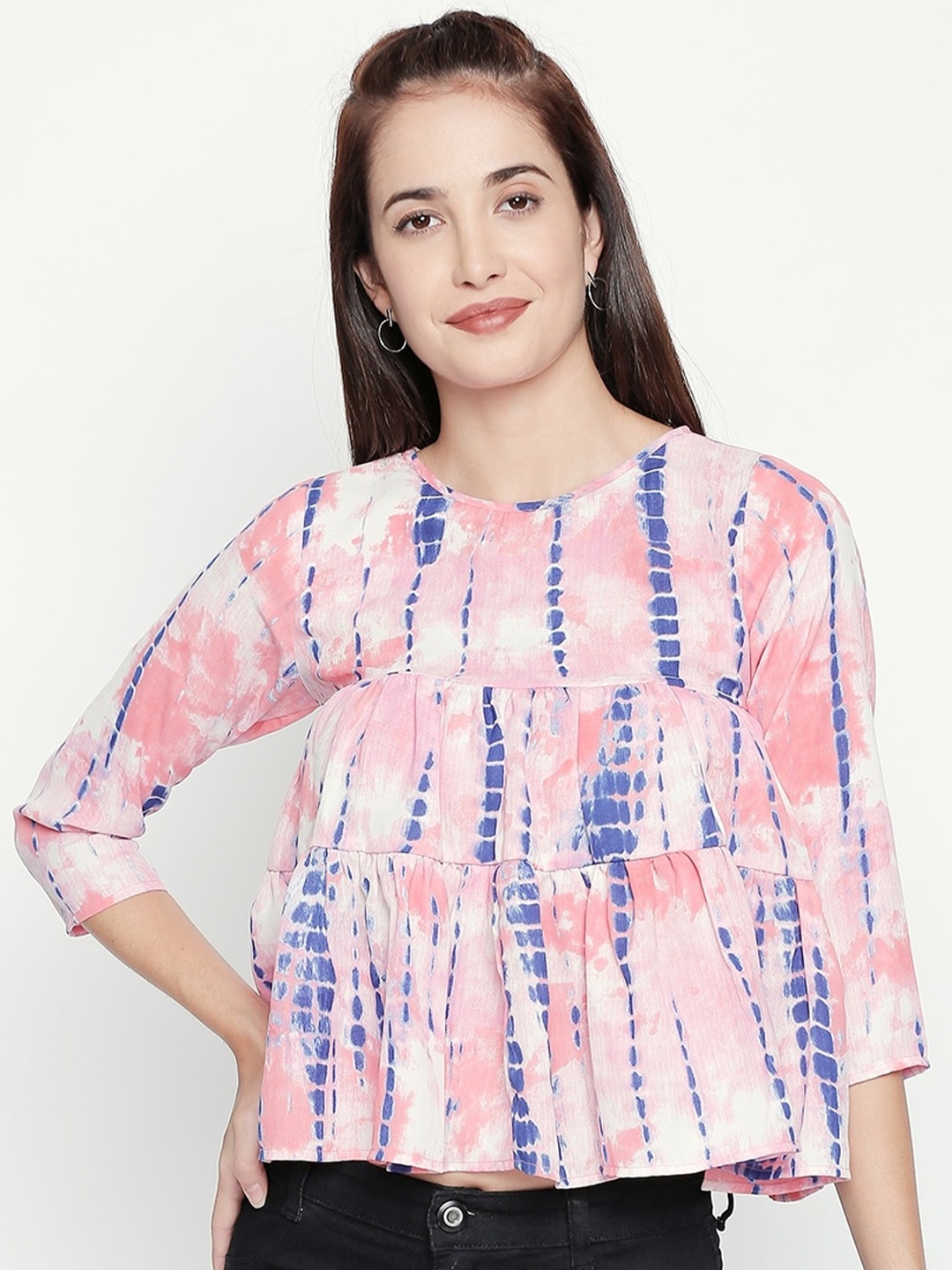 

aaliya Women Pink & White Tie and Dye Crepe Top