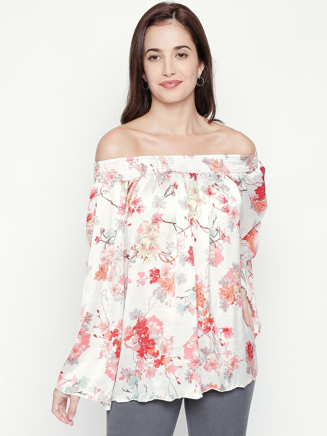 

aaliya White & Red Floral Print Off-Shoulder Georgette Bardot Top