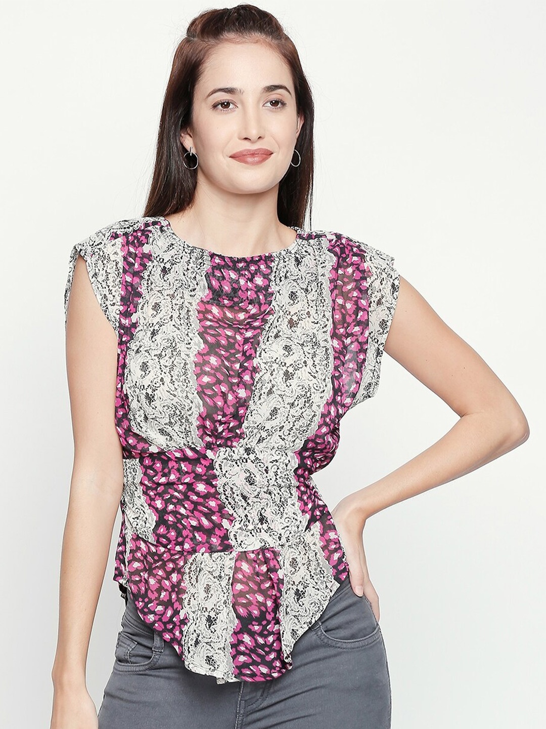 

aaliya Violet & White Floral Print Cinched Waist Top