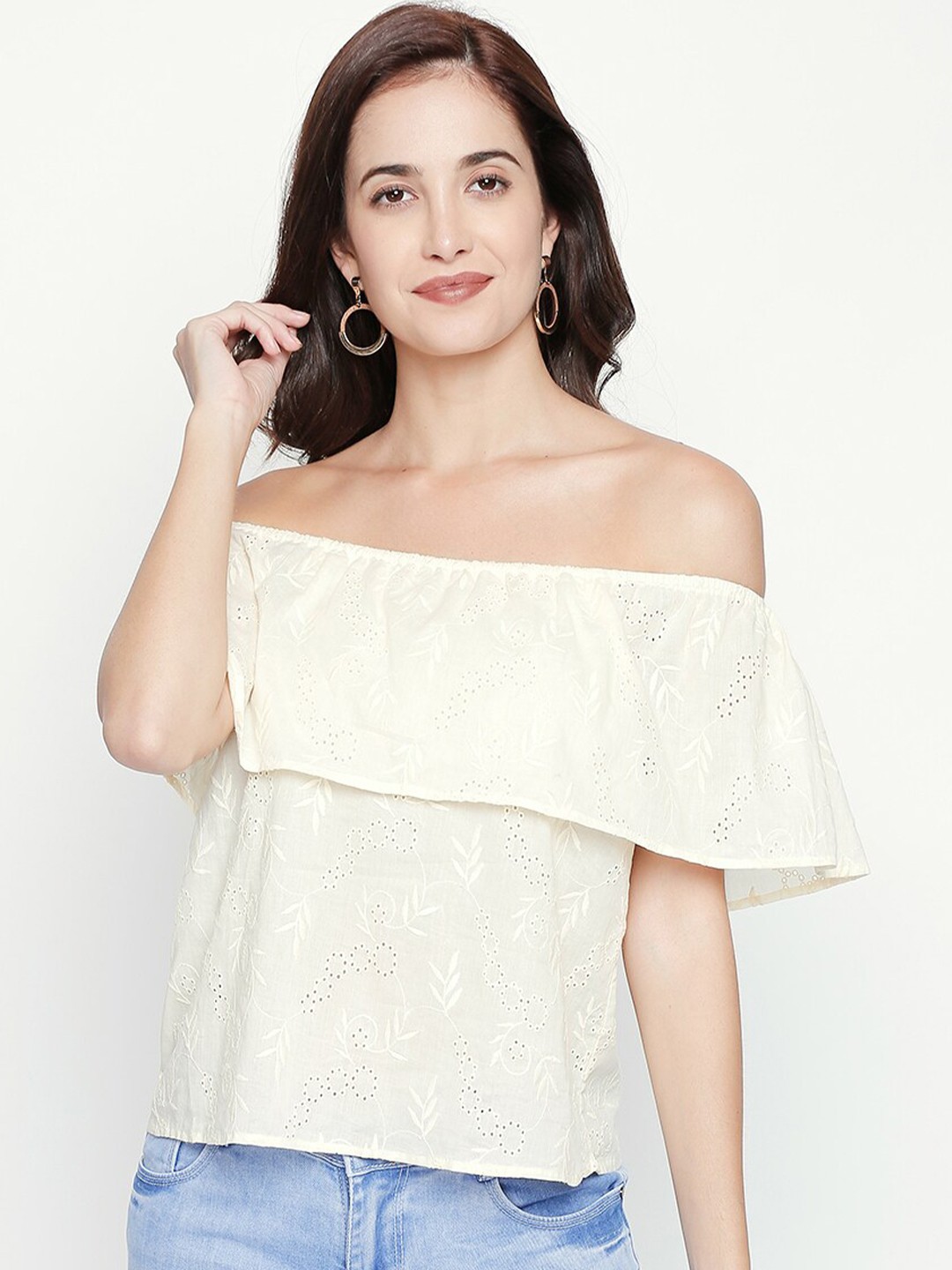 

aaliya White Embroidered Off-Shoulder Ruffles Bardot Top